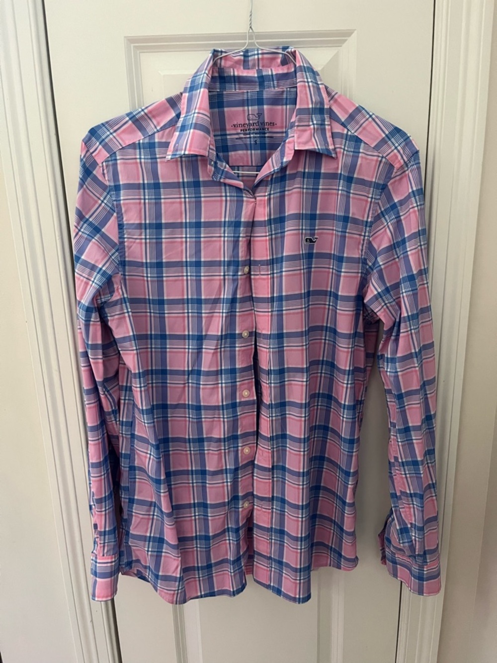 Vineyard Vines Blue and Pink Plaid Performance Button-Up